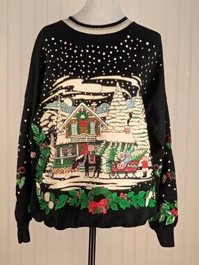 90s Country Store Christmas Crewneck Sweatshirt Puffy Paint Scene Black Sz. L